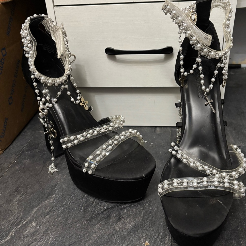 Dolls Kill Black and Silver Beaded Heels